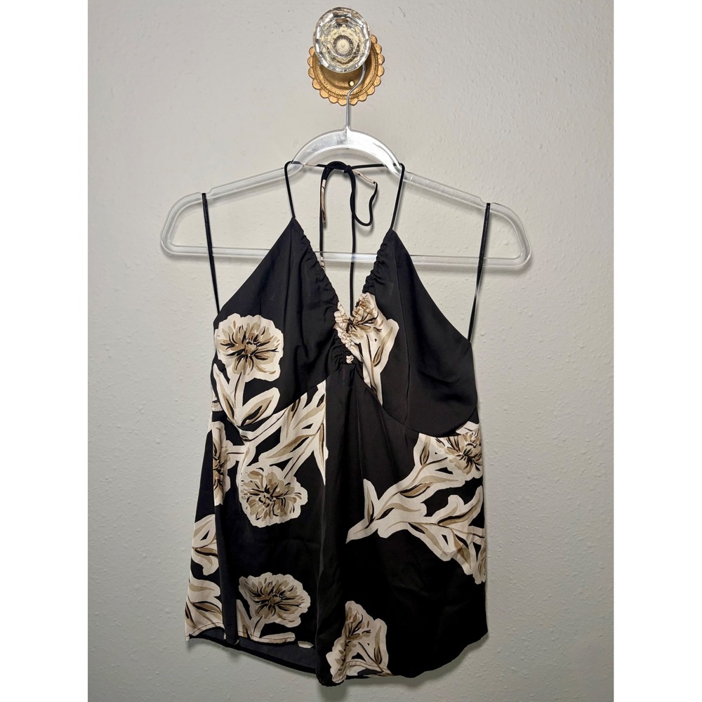 Banana Republic Black Cream Floral Halter Top Open Back Satin Feel Size M